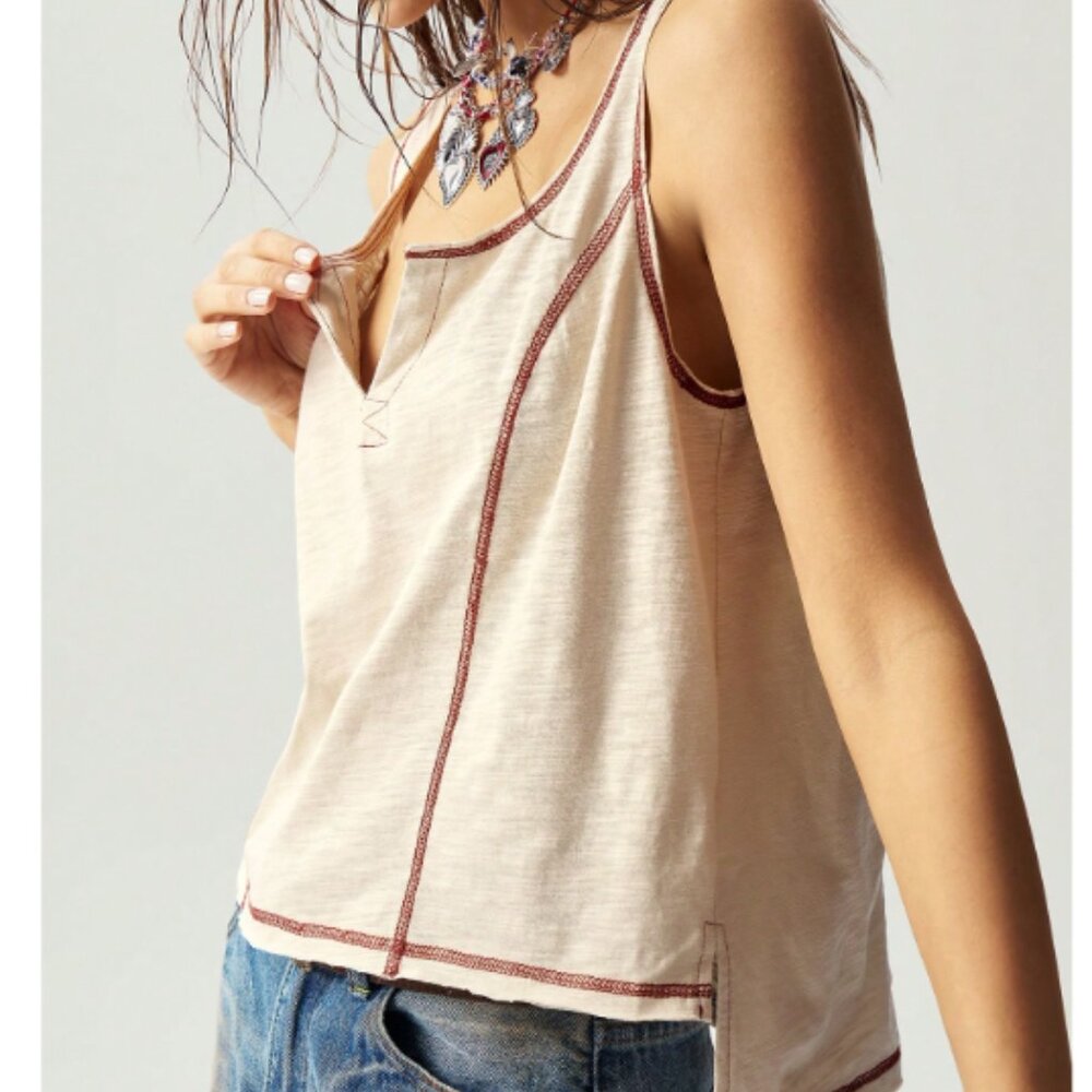 Cream Boho Tank Top – Brown Accent Stitching – High‑Low Hem – Size M/L – NWOT